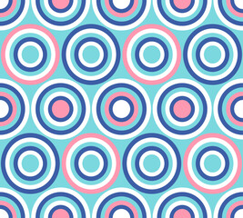 Abstract geo geometrical pattern, seamless vector background. Repeatable geometry tiles for fashion textile, fabrics, wallpapers, web backgrounds. Turquoise, pink and navy blue circles pattern
