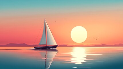 A sailboat glides across the water at sunset with a large, glowing sun in the distance.