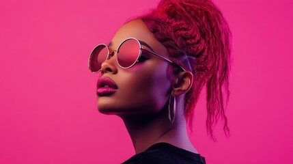 Stylish young African American woman with vibrant red hair and sunglasses against a pink background.