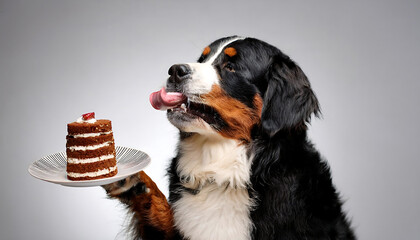 bernese mountain dog enjoying a cake