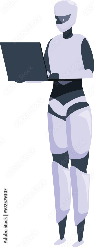 Poster humanoid robot is standing and typing on a laptop, processing data and performing tasks