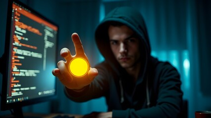 Hooded figures hold glowing yellow buttons, evoking themes of hacking and cybersecurity threats