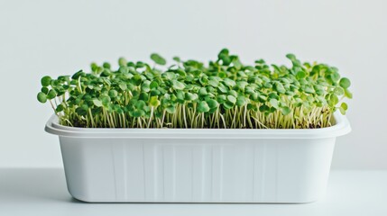 Fototapeta premium Fresh microgreens growing in a white container against a minimalistic white background. Illustrates clean, organic, and sustainable indoor gardening.