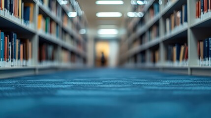 Fototapeta premium A calm library aisle bordered by wooden bookshelves. Rows of neatly arranged books fill the shelves, fostering a quiet and studious ambiance