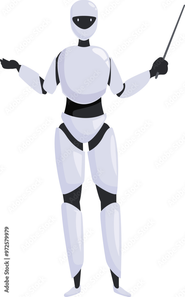 Poster white humanoid robot holding a pointer stick and explaining something