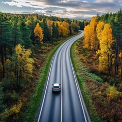 Fototapeta premium Car on a winding road through autumn forest