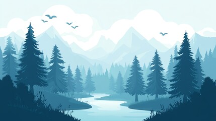 A tranquil forest scene with a winding river, snow-capped mountains and a blue sky. Perfect for nature and landscape projects.