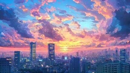 Obraz premium Lofi Japanese Japan Tokyo City Town Landscape Skycraper at Golden Hour Sunset Sunrise - Anime Manga Style Cozy Chill Relax Wallpaper Background 