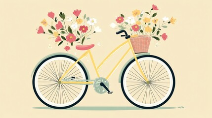 Fototapeta premium A cheerful illustration of a yellow bicycle with a basket full of flowers.