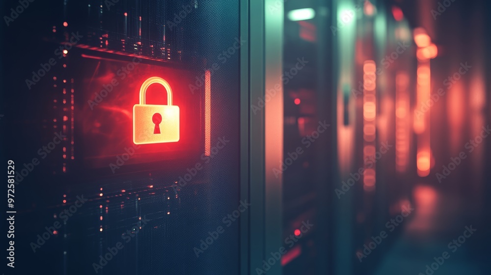 Poster Red lock icon on a server in a dimly lit data center. Highlights digital security and data protection.