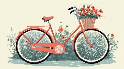 Fototapeta premium A red bicycle with a wicker basket full of flowers.