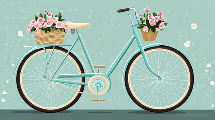 Vintage turquoise bicycle with pink roses in a basket.