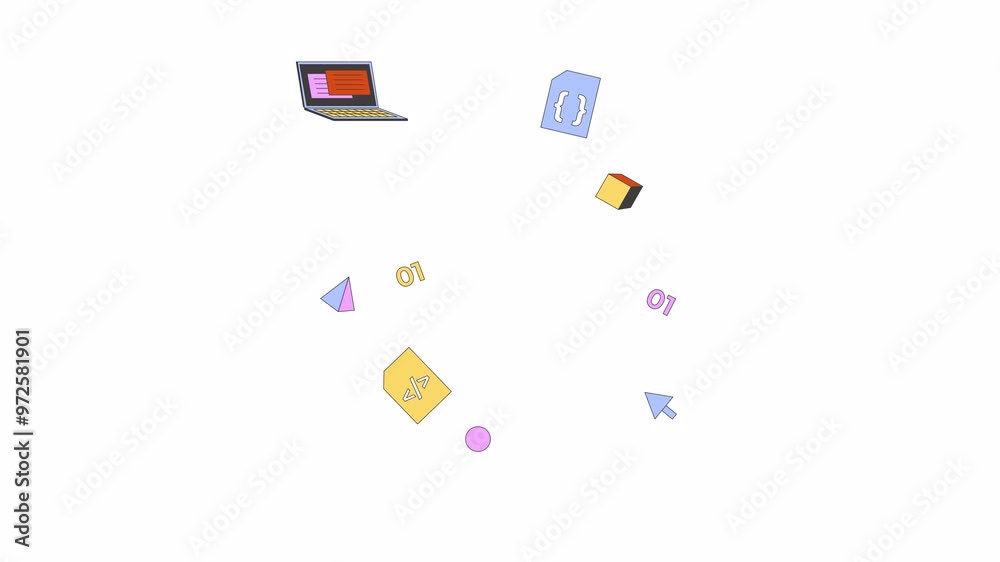 Poster software development elements 2d objects animation. computing technology future cartoon 4k video, al