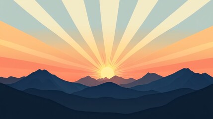 A simple, flat illustration of a sunrise over a mountain range.