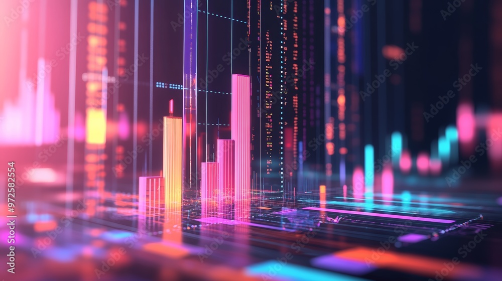 Poster neon 3d business graph with futuristic pink and blue lines on a dark background. financial data anal