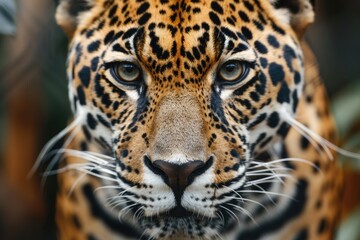 Fototapeta premium Close-Up Portrait of a Jaguar in the Wild Capturing Intense Gaze and Majestic Beauty