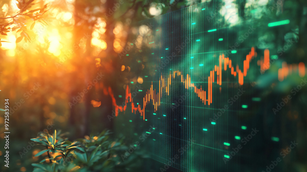 Aufkleber Digital stock market graph displaying growth potential against a backdrop of a stunning forest at sunset