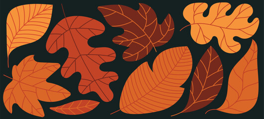 Fall season horizontal background with bright abstract autumn leaves. Autumn modern art minimalist style design template for sales, horizontal poster, header, cover, social media