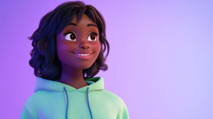 3D character close up portrait of a relaxed black woman in a soft green hoodie, leaning slightly forward with a friendly grin, on a lavender gradient backdrop, copy space, cute cartoon style