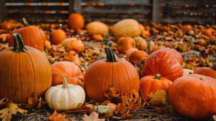 Colorful Pumpkin Patch in Autumn with a Variety of Orange, Green, and White Pumpkins on a Bright Sunny Day - Harvest Season, Fall Festival, and Thanksgiving Decor Concept