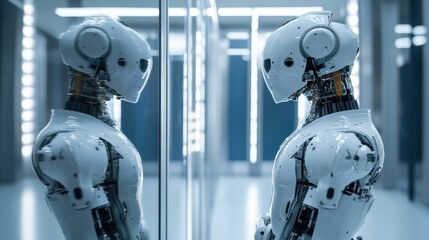 A robot with advanced AI inspects its reflection in a high-tech lab, reflecting a blend of human-like curiosity and scientific innovation.