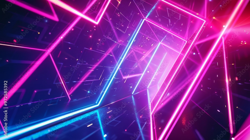 Poster Abstract neon geometry with vibrant cyberspace lights Close-up photo with clean background