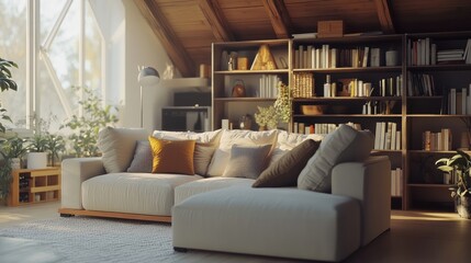Corner sofa against shelving unit, scandinavian home interior design of modern living room in attic in farmhouse