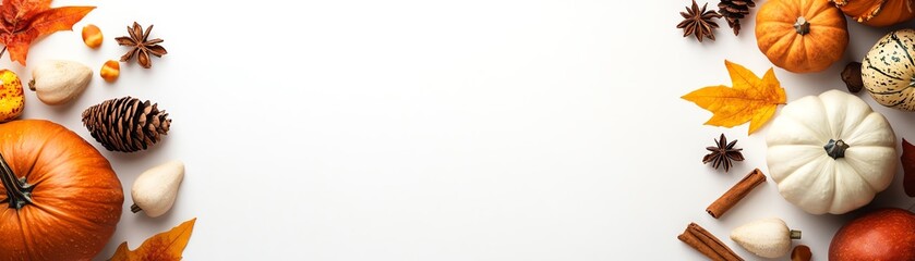 Top view of autumn decorations with pumpkins, leaves, pine cones, and acorns on a white background. Perfect for fall and harvest season themes.