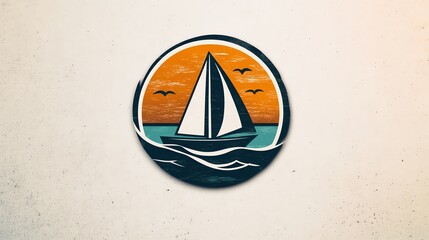 A vintage-style logo featuring a sailboat on the ocean at sunset.