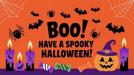 Halloween background, orange background before halloween holiday day, black spiders, cobweb, bats, pumpkin, witch hat, candy, candles