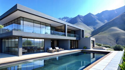 Fototapeta premium Modern house with a pool against a mountain backdrop