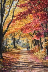 Fototapeta premium a quiet trail through a forest with a canopy of multicolored autumn leaves, and a couple walking hand-in-hand along the path.