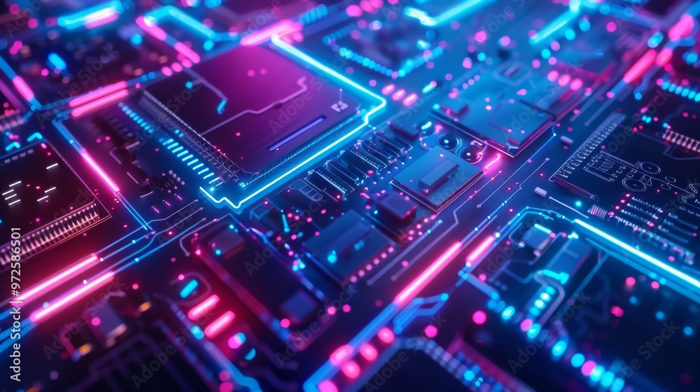Fototapete abstract neon shapes with vibrant lights in a cyber setting close-up photo with clean background