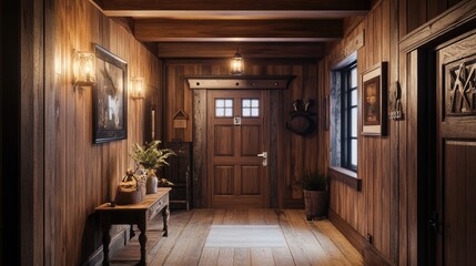 Fototapeta premium Cozy hallway with beam ceiling and wooden wall decor Interior design of modern rustic entrance hall with door in farmhouse