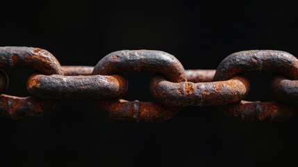 Fototapeta premium A rusty chain link against a dark background, its black surface worn from time and use, evoking resilience and history.