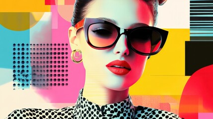 Stylish woman in sunglasses with bold makeup and polka-dot outfit, set against a colorful abstract background.