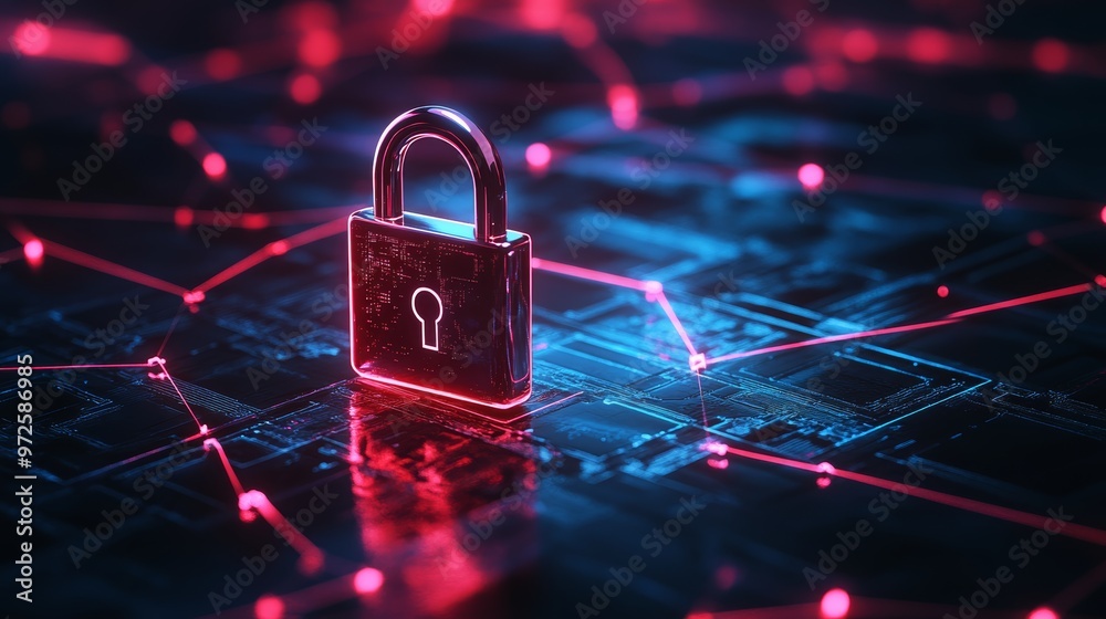 Poster Neon digital lock on a circuit board with red network connections. Cybersecurity and data encryption concept