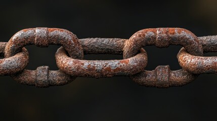 Fototapeta premium A rusty chain link against a dark background, its black surface worn from time and use, evoking resilience and history.