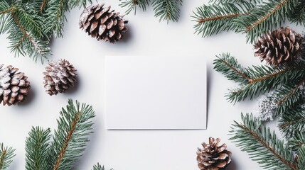 Snowy Pine Cones and Branches Surrounding a Blank Card for Winter Greetings