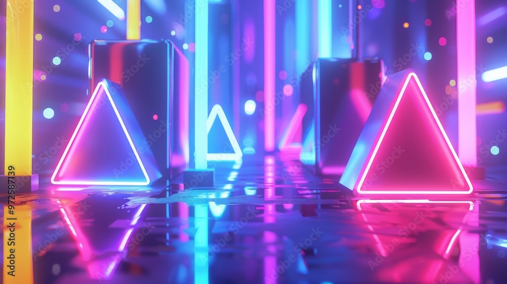Poster Abstract neon shapes with vibrant lights in a cyber setting Close-up photo with clean background