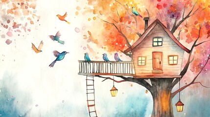 Watercolor painting of a cozy treehouse with birds perched on the railing and flying through the air.