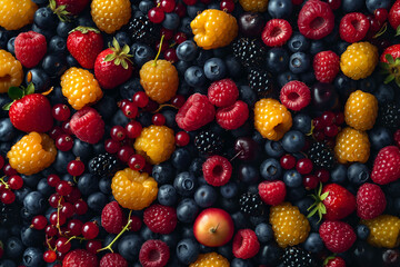 Fototapeta premium Fruits and berries background. Blueberries, blackberries, raspberries and strawberries. Summer dessert, healthy snack, fruit diet
