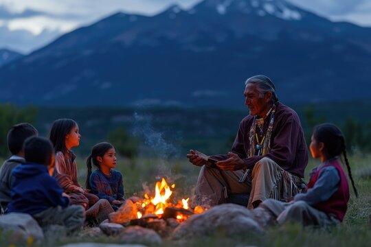elder Native American man telling story to children around campfire, outdoors at dusk, mountains in background