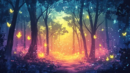 Magical forest path glowing with light and surrounded by butterflies.