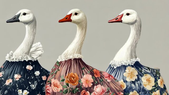 Elegant geese dressed in floral gowns showcase style and grace in a whimsical fashion display