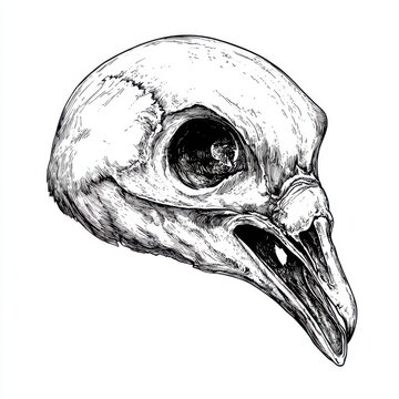 recommend clip art: Black and white Vintage engraved art of a pigeon skull, isolated on white background, ink sketch illustration, simple vector art design, highly detailed line art, high contrasty