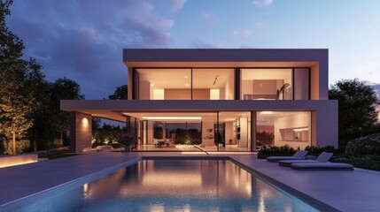 Fototapeta premium Exterior of modern minimalist cubic villa with swimming pool at sunset