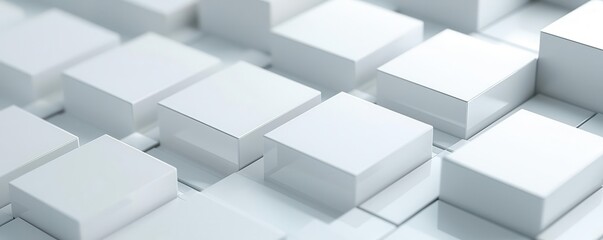 3D geometric block arrangement with reflective surfaces, sharp angles, and intense light reflections, modern tech style geometric blocks, reflective