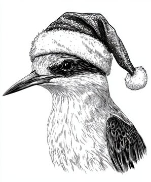recommend clip art: Black and white Vintage engraved art of a Tern with a Christmas Santa hat, isolated on white background, ink sketch illustration, simple vector art design, highly detailed line art, high contrasty