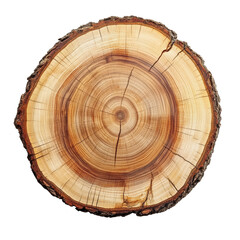 Top view of a tree stump slice isolated on transparent background. Crosscut of a beautiful wood grain. Closeup of wooden surface texture.